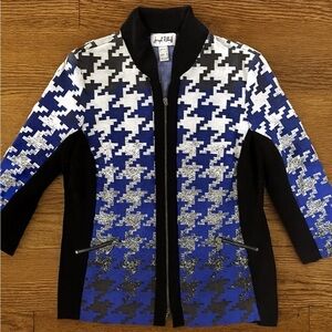 Joseph Ribkoff Black and Blue Houndstooth Zipped Blazer Size 18